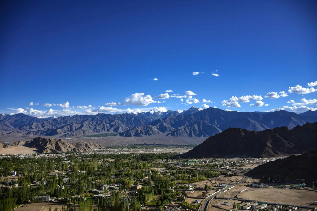 Panoramic view of Leh town surrounded by Himalayan mountains