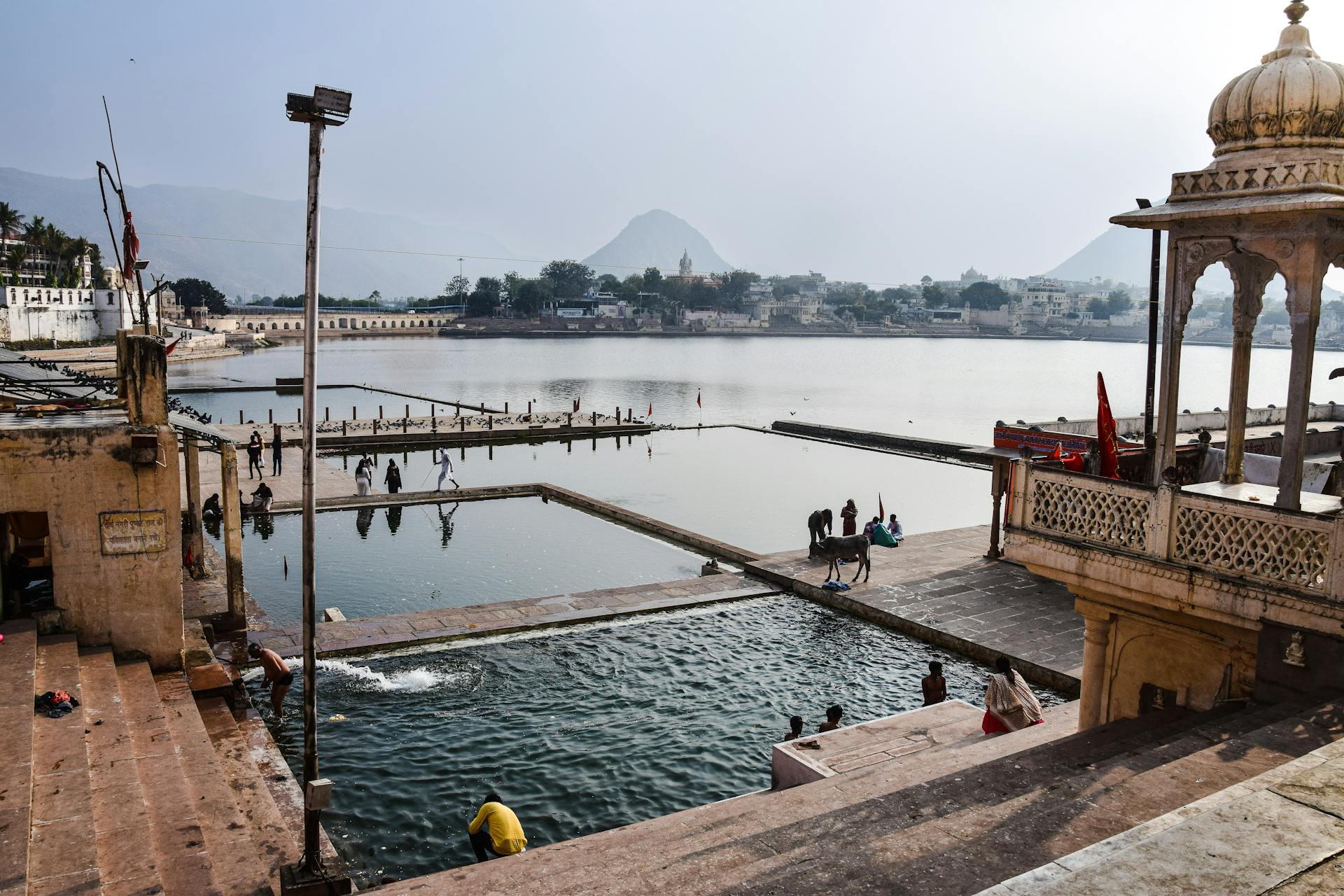Pushkar Lake at sunset with temples and ghats, Rajasthan, India
