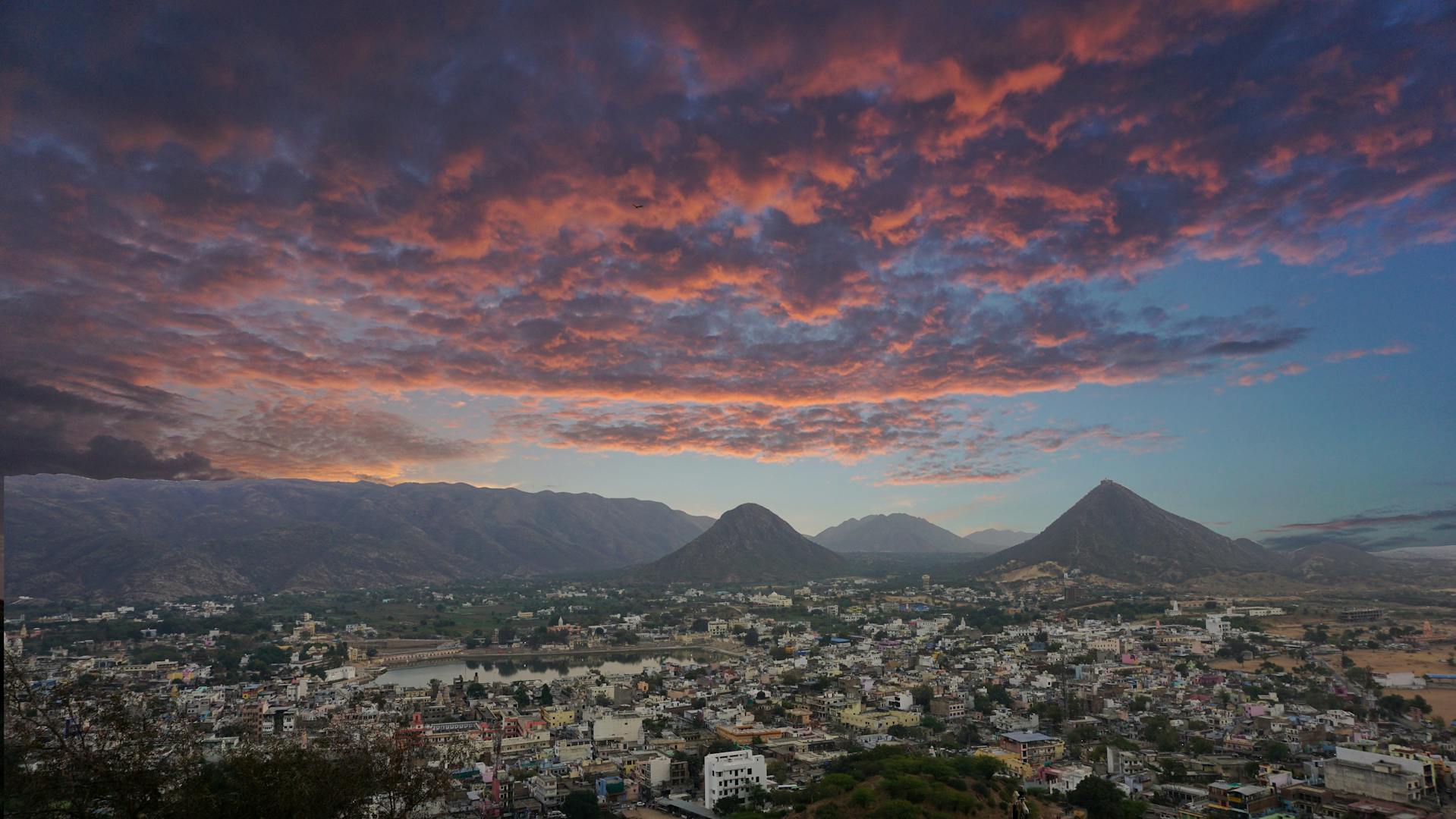 Panoramic view of Pushkar city with temples and houses, Rajasthan, India