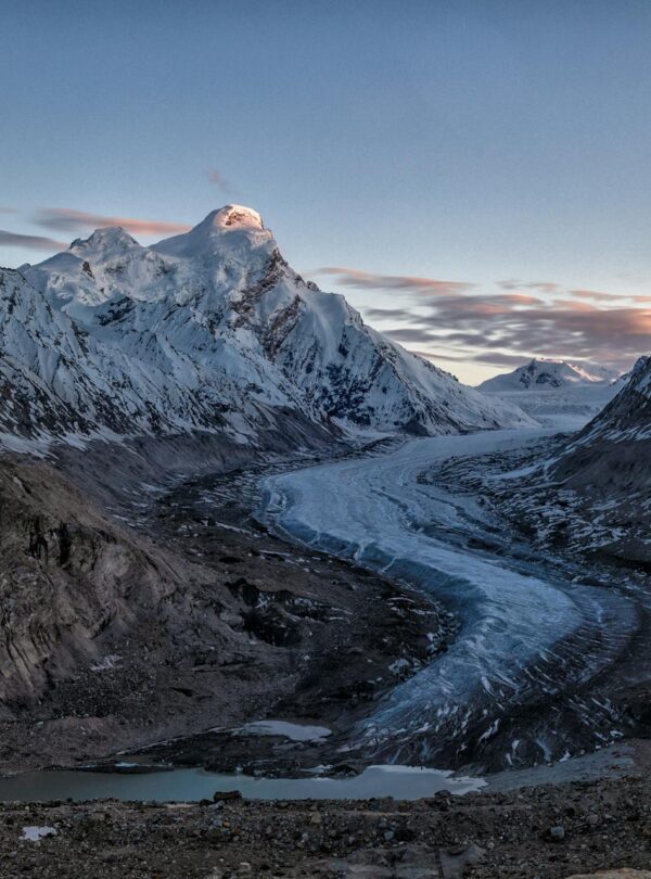 Drang Drung Glacier in Zanskar Valley, surrounded by snow-capped peaks and rugged Himalayan terrain.