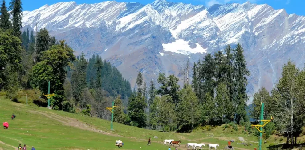 Scenic view of Solang Valley near Manali with green mountains, clear skies, and adventure activities
